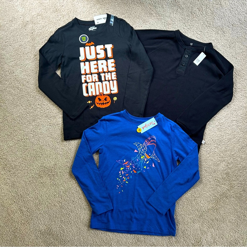 3 Youth Boys Size 10 Long Shirts Gap Cat & Jack Carters Thermal Halloween NWT